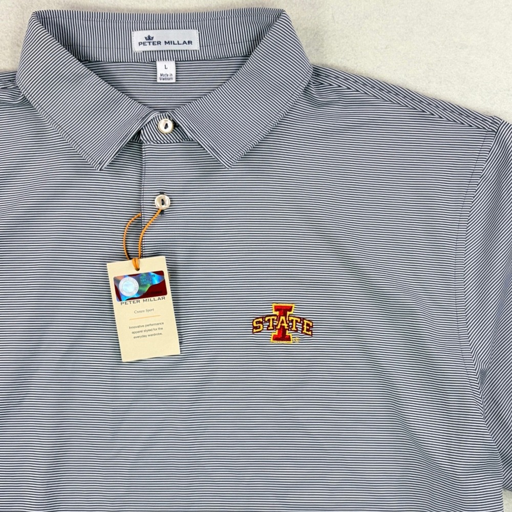 NWT! Peter Millar Iowa State Cyclones Polo Shirt Mens Large Iron Gray Stripe
